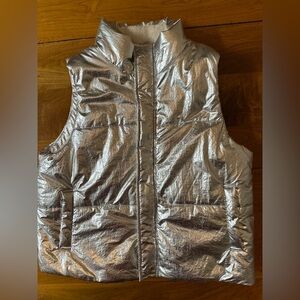 A New Day Puffer Vest Jacket Womens L Silver Zip Up Snap Button Mock Neck